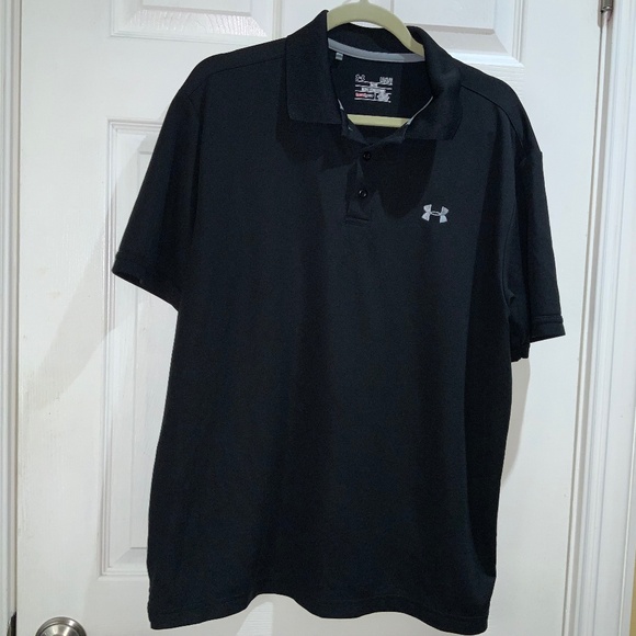 Under Armour black Loose Heat Gear Polo Shirt Sz L side vents - Picture 1 of 6